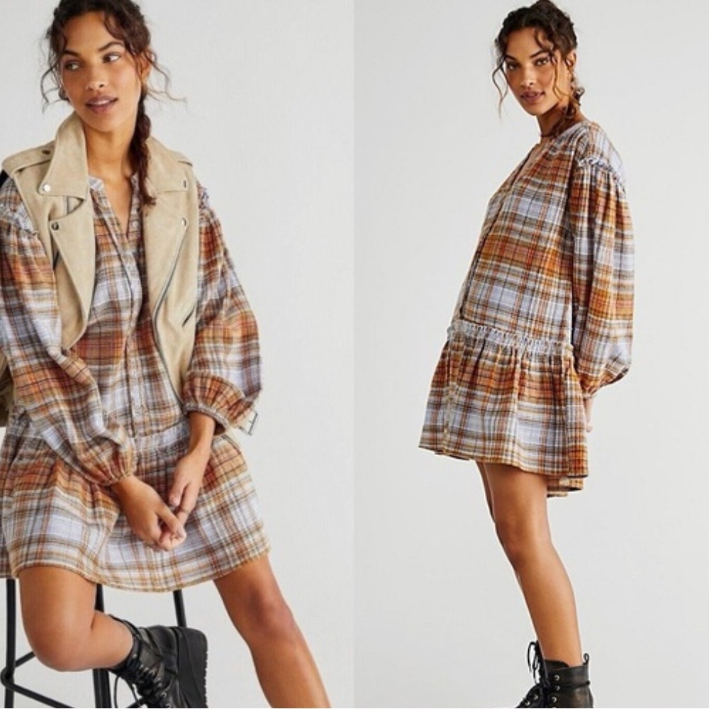Free People Plaid Flannel Long Sleeve Dress  Button-Up Shirt Dress Sz Small